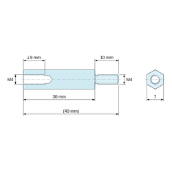 Plan coté 30 mm / 10 mm, Entretoise hexagonale filetée mâle/femelle acier zingué bleu au plomb M4 - 7 mm sur plats