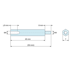 Plan coté 45 mm / 8 mm, Entretoise hexagonale filetée mâle/femelle acier zingué bleu au plomb M4 - 7 mm sur plats