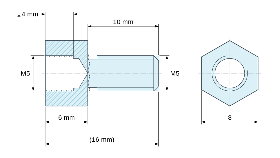 Plan coté Entretoise hexagonale filetée mâle/femelle acier zingué bleu M5 - 8 mm sur plats Plan coté Entretoise hexagonale filetée mâle/femelle acier zingué bleu M5 - 8 mm sur plats