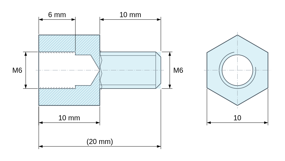 Plan coté Entretoise hexagonale filetée mâle/femelle acier zingué bleu au plomb M6 - 10 mm sur plats