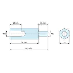 Plan coté 30 mm / 10 mm, Entretoise hexagonale filetée mâle/femelle acier zingué bleu au plomb M6 - 10 mm sur plats