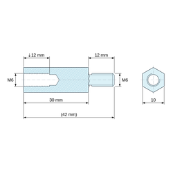 Plan coté 30 mm / 12 mm, Entretoise hexagonale filetée mâle/femelle acier zingué bleu au plomb M6 - 10 mm sur plats