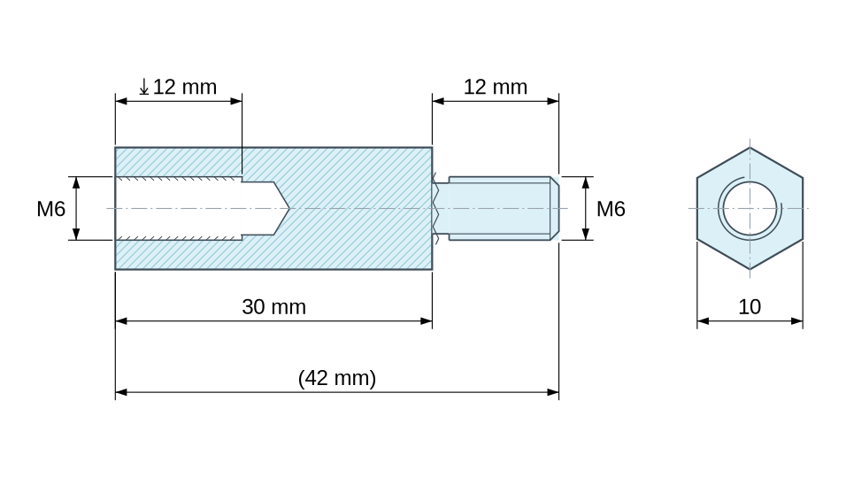 Plan coté Entretoise hexagonale filetée mâle/femelle acier zingué bleu au plomb M6 - 10 mm sur plats