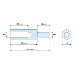 Plan coté 30 mm / 14 mm, Entretoise hexagonale filetée mâle/femelle acier zingué bleu au plomb M6 - 10 mm sur plats