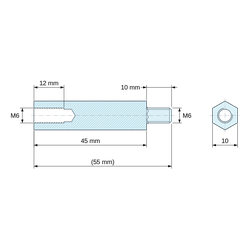 Plan coté 45 mm / 10 mm, Entretoise hexagonale filetée mâle/femelle acier zingué bleu au plomb M6 - 10 mm sur plats