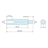Plan coté 45 mm / 10 mm, Entretoise hexagonale filetée mâle/femelle acier zingué bleu au plomb M6 - 10 mm sur plats