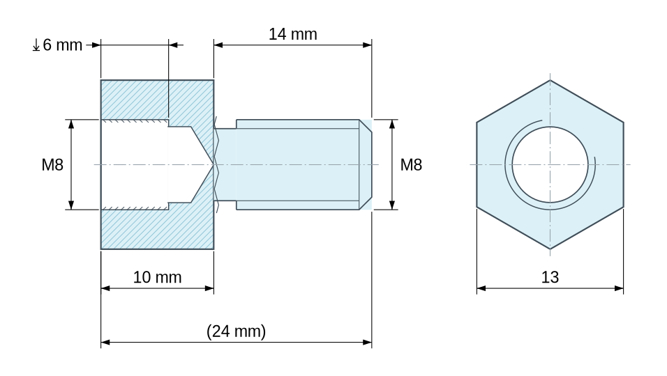 Plan coté Entretoise hexagonale filetée mâle/femelle acier zingué bleu au plomb M8 - 13 mm sur plats Plan coté Entretoise hexagonale filetée mâle/femelle acier zingué bleu au plomb M8 - 13 mm sur plats