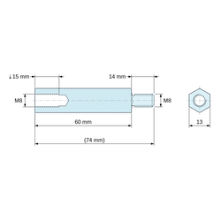 Plan coté 60 mm / 14 mm, Entretoise hexagonale filetée mâle/femelle acier zingué bleu au plomb M8 - 13 mm sur plats