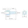 Plan coté 4,8 mm / 7,3 mm, Entretoise hexagonale filetée mâle/femelle acier zingué bleu UNC4-40 - 4,75 mm sur plats