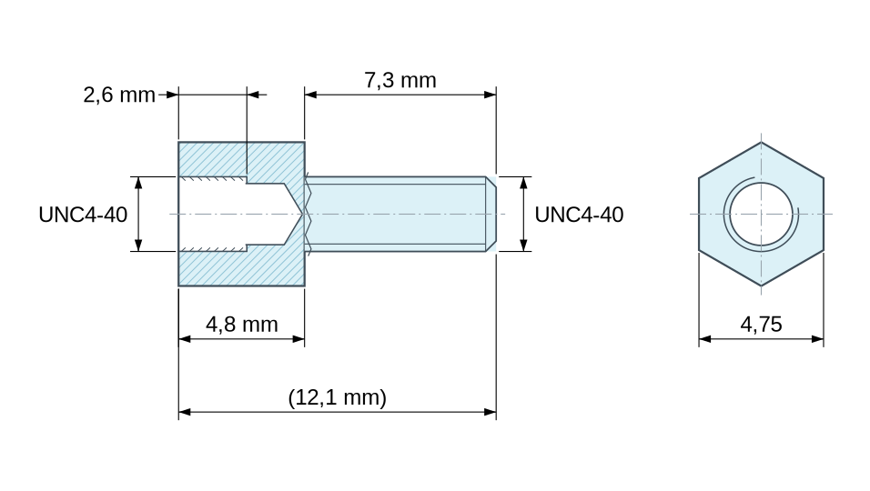 Plan coté Entretoise hexagonale filetée mâle/femelle acier zingué bleu UNC4-40 - 4,75 mm sur plats