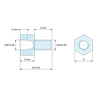 Plan coté 4 mm / 5 mm, Entretoise hexagonale filetée mâle/femelle acier zingué bleu UNC4-40 - 5 mm sur plats