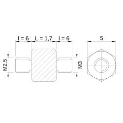[decl 1.7mm / 6 mm] Entretoise hexagonale filetée mâle/mâle acier zingué M2.5 - 5 mm sur plats