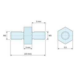 Plan coté 3 mm / 5 mm, Entretoise hexagonale filetée mâle/mâle acier zingué bleu M3 - 5,5 mm sur plats