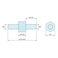 Plan coté 4,5 mm / 6,5 mm, Entretoise hexagonale filetée mâle/mâle acier zingué bleu M3 - 5,5 mm sur plats