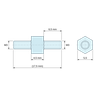 Plan coté 4,5 mm / 6,5 mm, Entretoise hexagonale filetée mâle/mâle acier zingué bleu M3 - 5,5 mm sur plats