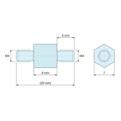Plan coté 8 mm / 6 mm, Entretoise hexagonale filetée mâle/mâle acier zingué M4 - 7 mm sur plats