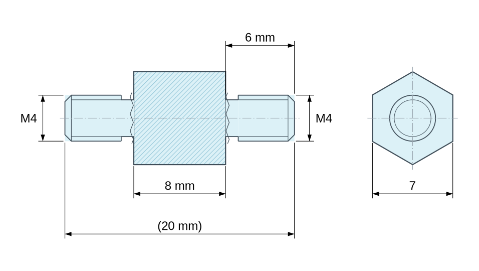 Plan coté Entretoise hexagonale filetée mâle/mâle acier zingué M4 - 7 mm sur plats
