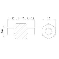 [decl 7mm / 11 mm] Entretoise hexagonale filetée mâle/mâle acier zingué M6 - 10 mm sur plats