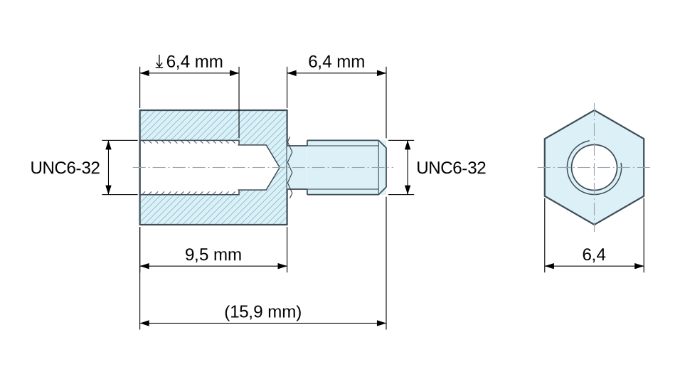 Plan coté Entretoise hexagonale filetée mâle/femelle aluminium UNC6-32 - 6,4 mm sur plats Plan coté Entretoise hexagonale filetée mâle/femelle aluminium UNC6-32 - 6,4 mm sur plats