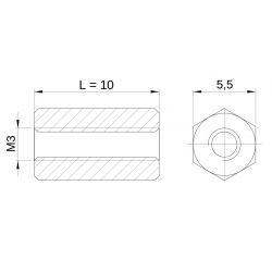 [decl 10mm] Entretoise hexagonale filetée femelle/femelle aluminium passivé M3 - 5,5 mm sur plats