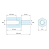 Plan coté 10 mm / 6 mm, Entretoise hexagonale filetée mâle/femelle aluminium passivé M3 - 5,5 mm sur plats