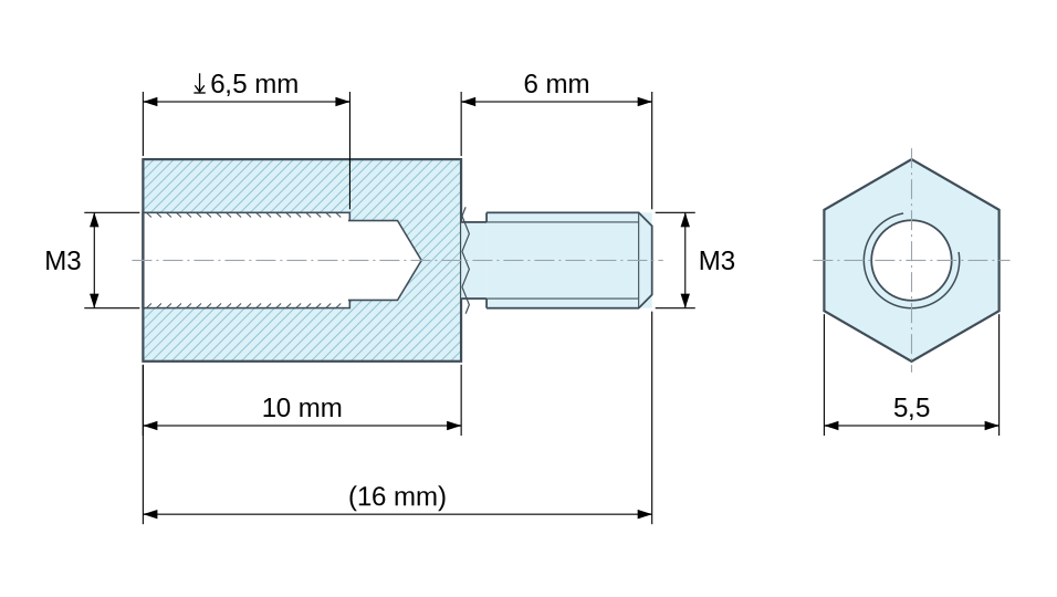Plan coté Entretoise hexagonale filetée mâle/femelle aluminium passivé M3 - 5,5 mm sur plats
