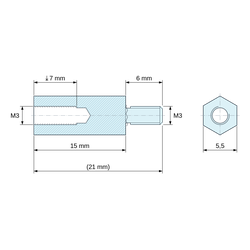 Plan coté 15 mm / 6 mm, Entretoise hexagonale filetée mâle/femelle aluminium passivé M3 - 5,5 mm sur plats