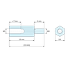 Plan coté 15 mm / 6 mm, Entretoise hexagonale filetée mâle/femelle aluminium passivé M3 - 5,5 mm sur plats