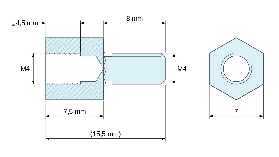 Plan coté Entretoise hexagonale filetée mâle/femelle aluminium passivé M4 - 7 mm sur plats