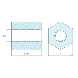 Plan coté 5 mm, Entretoise hexagonale filetée femelle/femelle acier inoxydable M2 - 4 mm sur plats