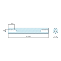 Plan coté 45 mm, Entretoise hexagonale filetée femelle/femelle acier inoxydable M3 - 5,5 mm sur plats