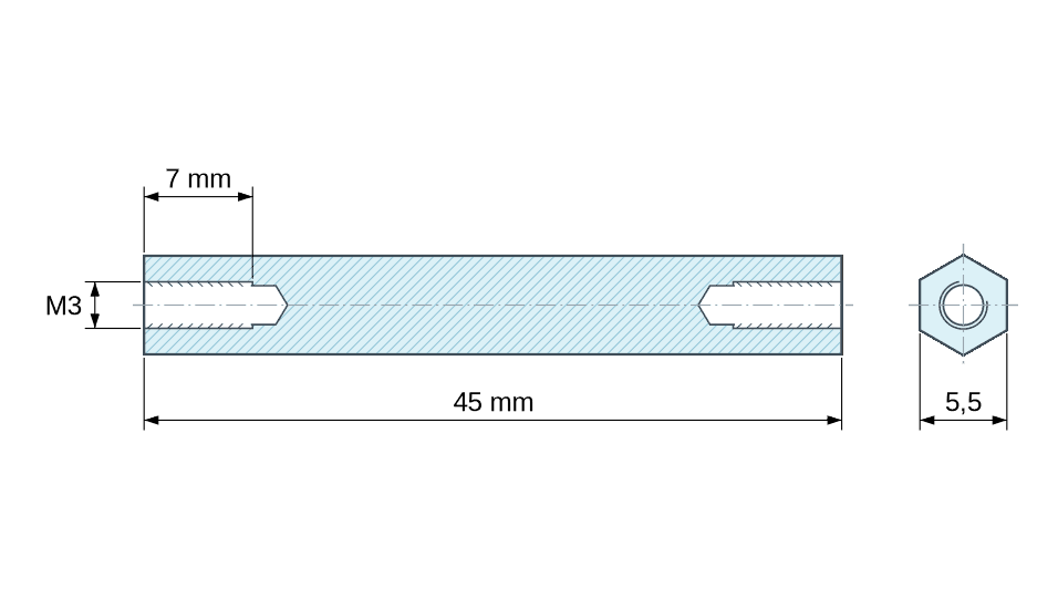 Plan coté Entretoise hexagonale filetée femelle/femelle acier inoxydable M3 - 5,5 mm sur plats