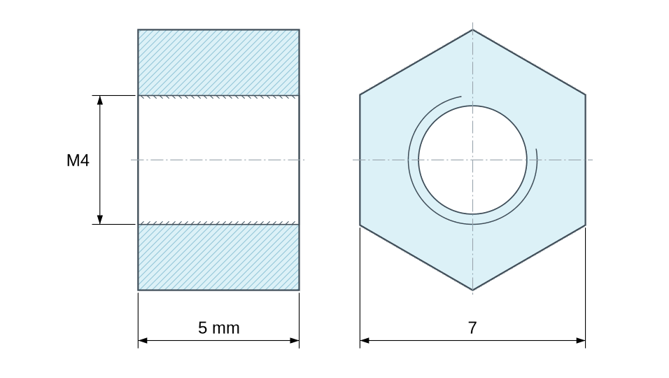 Plan coté Entretoise hexagonale filetée femelle/femelle acier inoxydable M4 - 7 mm sur plats