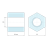 Plan coté 10 mm, Entretoise hexagonale filetée femelle/femelle acier inoxydable M6 - 10 mm sur plats