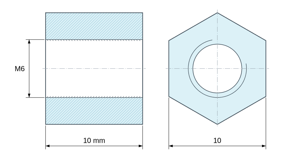 Plan coté Entretoise hexagonale filetée femelle/femelle acier inoxydable M6 - 10 mm sur plats Plan coté Entretoise hexagonale filetée femelle/femelle acier inoxydable M6 - 10 mm sur plats