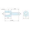 Plan coté 5 mm / 6 mm, Entretoise hexagonale filetée mâle/femelle acier inoxydable M2 - 4 mm sur plats