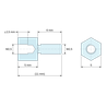 Plan coté 5 mm / 6 mm, Entretoise hexagonale filetée mâle/femelle acier inoxydable M2,5 - 5 mm sur plats