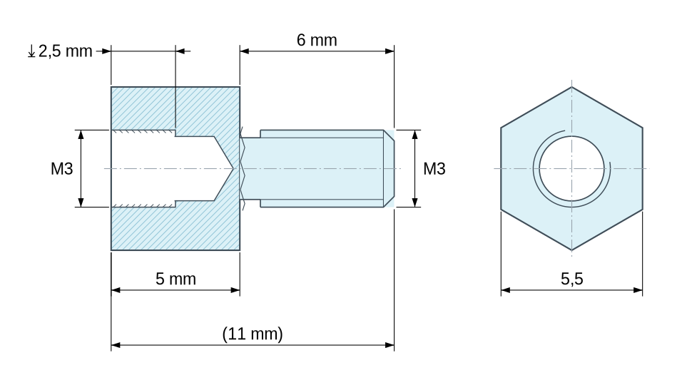Plan coté Entretoise hexagonale filetée mâle/femelle acier inoxydable M3 - 5,5 mm sur plats