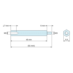 Plan coté 45 mm / 6 mm, Entretoise hexagonale filetée mâle/femelle acier inoxydable M3 - 5,5 mm sur plats