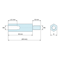 Plan coté 30 mm / 10 mm, Entretoise hexagonale filetée mâle/femelle acier inoxydable M5 - 8 mm sur plats