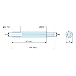 Plan coté 45 mm / 10 mm, Entretoise hexagonale filetée mâle/femelle acier inoxydable M5 - 8 mm sur plats