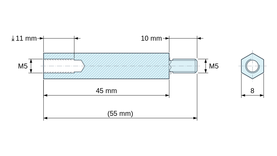 Plan coté Entretoise hexagonale filetée mâle/femelle acier inoxydable M5 - 8 mm sur plats