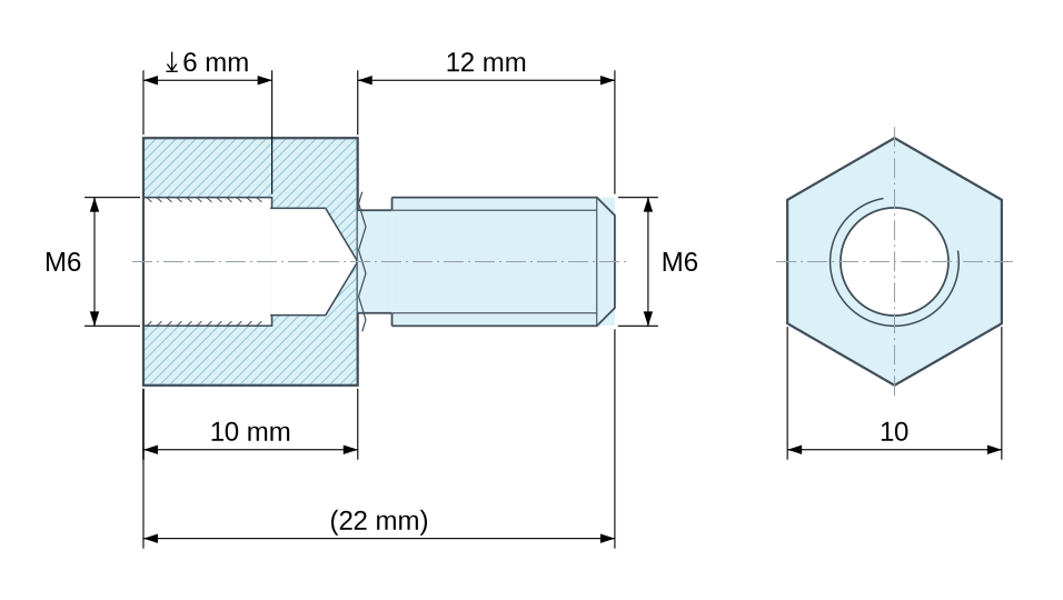 Plan coté Entretoise hexagonale filetée mâle/femelle acier inoxydable M6 - 10 mm sur plats Plan coté Entretoise hexagonale filetée mâle/femelle acier inoxydable M6 - 10 mm sur plats
