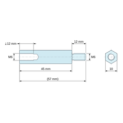 Plan coté 45 mm / 12 mm, Entretoise hexagonale filetée mâle/femelle acier inoxydable M6 - 10 mm sur plats
