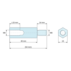 Plan coté 40 mm / 14 mm, Entretoise hexagonale filetée mâle/femelle acier inoxydable M8 - 13 mm sur plats