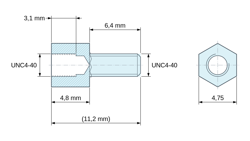 Plan coté Entretoise hexagonale filetée mâle/femelle acier inoxydable UNC4-40 - 4,75 mm sur plats