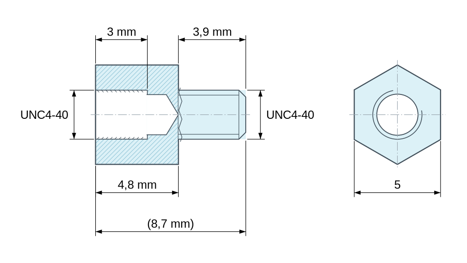 Plan coté Entretoise hexagonale filetée mâle/femelle acier inoxydable UNC4-40 - 5 mm sur plats Plan coté Entretoise hexagonale filetée mâle/femelle acier inoxydable UNC4-40 - 5 mm sur plats