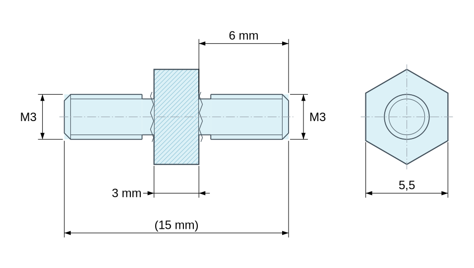 Plan coté Entretoise hexagonale filetée mâle/mâle acier inoxydable M3 - 5,5 mm sur plats