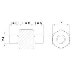 [decl 8mm / 6 mm] Entretoise hexagonale filetée mâle/mâle acier inoxydable M4 - 7 mm sur plats