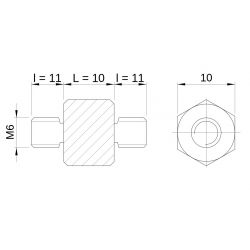 [decl 10mm / 11 mm] Entretoise hexagonale filetée mâle/mâle acier inoxydable M6 - 10 mm sur plats